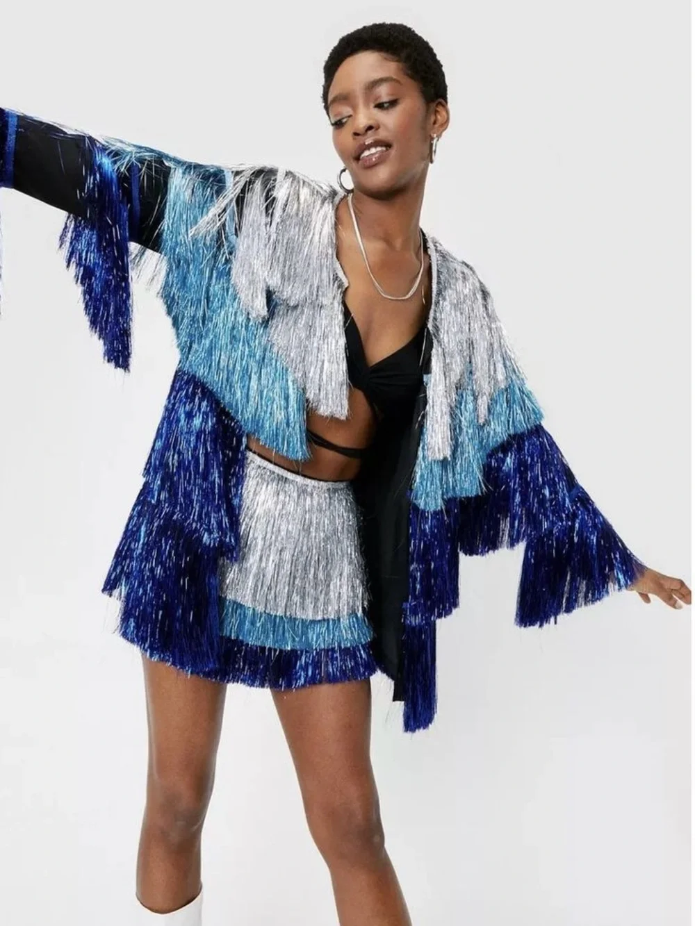 Nasty Gal Metallic Tiered Tinsel Fringe Open Front Jacket Rave Blue Sz 4 NWOT